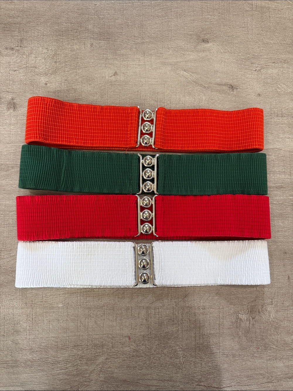 Set of 4 - Malco Modes Stretch Belts White, Orange, Red, Dark Green sz Small